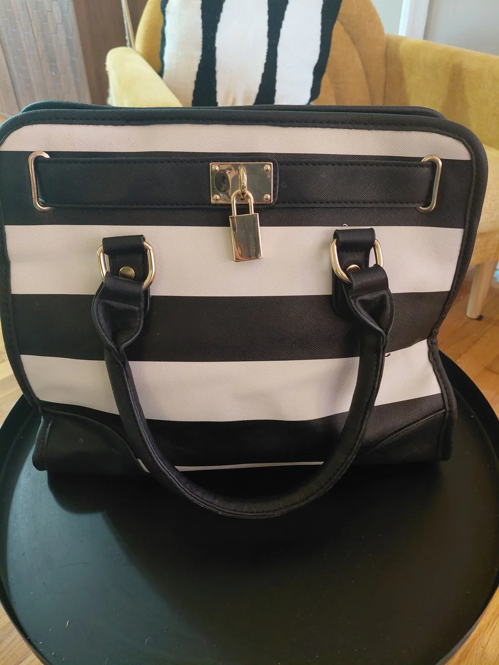 Classic Striped Tote Bag with Gold Lock - Black & White